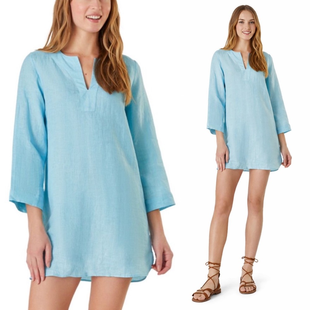 LIVRO Mini Linen Kaftan Dress Teal Blue Summer Shift Beach Tunic NWT XS